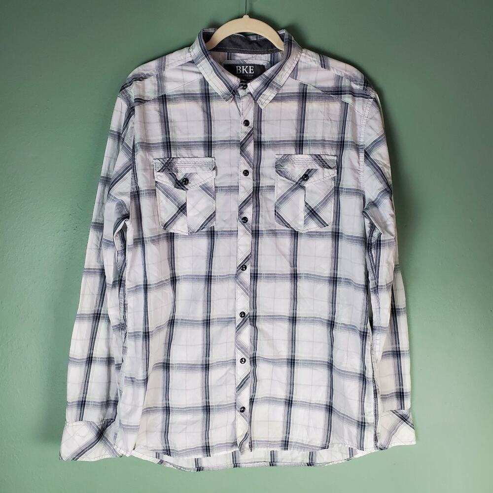 BKE Mens White Black Gray Athletic Fit Plaid Snap Long Sleeve Shirt Size Large